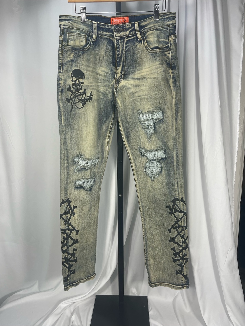Men’s Distressed Jeans w/Skull Graphics - Beige Wash, streetwear, edgy, artistic